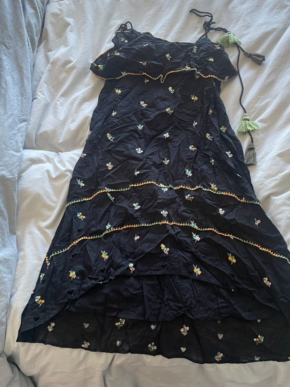 Anthropologie Black Tiered Summer Dress with Tassels (Size M)